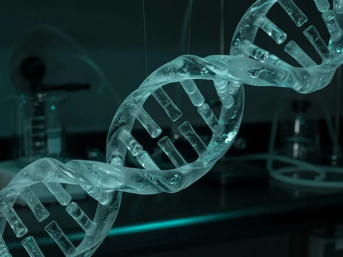 Hebra de ADN en vidrio, evocando la investigación en reparación de tejido.